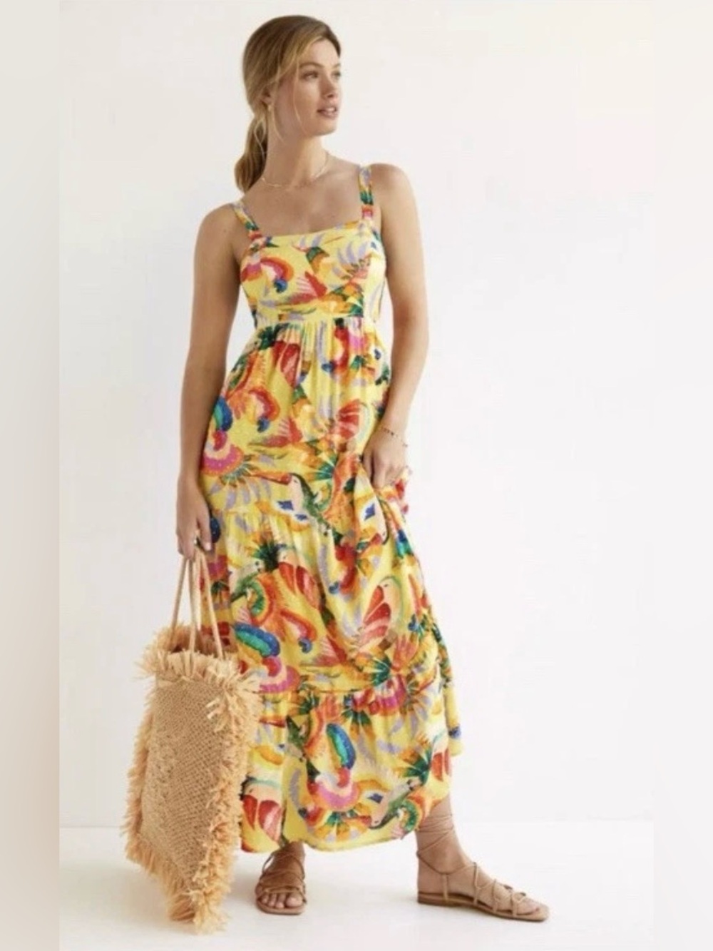 Anthropologie Farm Rio Yellow Textured Tropical Floral Maxi Dress